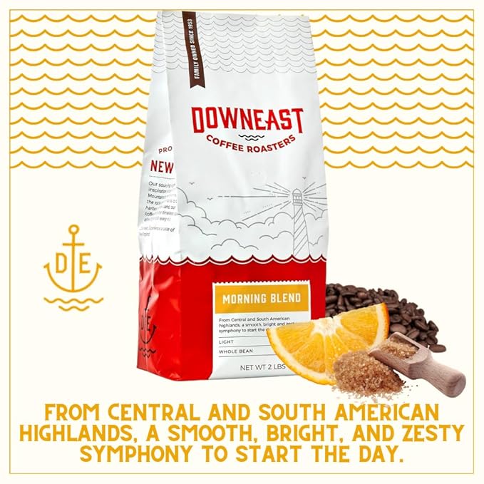 Downeast Coffee Roasters Whole Bean Coffee - Morning Breakfast Blend Light Roast 100% Arabica Coffee - Smooth Bright and Balanced - Select Central and South American Highlands (2lb Bag)