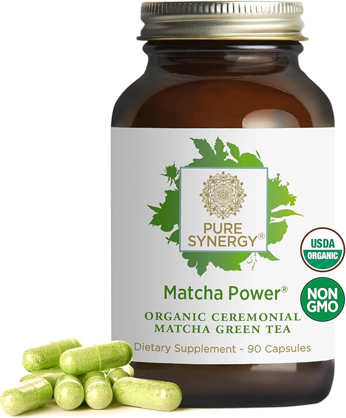 PURE SYNERGY Matcha Power | Organic Matcha Green Tea Capsules | Ceremonial Grade Supplement with EGCG | for Enhanced Energy &amp Alertness (90 Capsules)