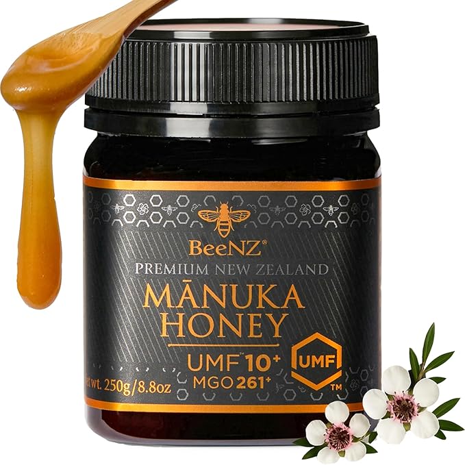 BeeNZ Raw Mānuka Honey Certified UMF 10+ (MGO 263+) Pure New Zealand Monofloral Mānuka Natural Sweetener Superfood for Wellness Support No Sugar Added Traceable from Hive to Jar 8.8 oz/250g