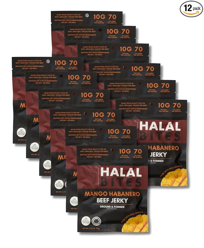12-Pack (Bulk Size) Halal Bites Mango Habanero Flavor Beef Jerky Organic Grass-Fed Beef Naturally Smoked Infused with Honey &amp Black Cumin Seed