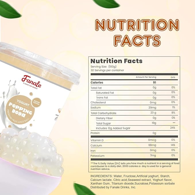 Fanale Yogurt Popping Boba Pearls Vegan Non GMO Gluten Free Fat Free Perfect for Bubble Tea Smoothies Ice Cream Desserts and Beverages.