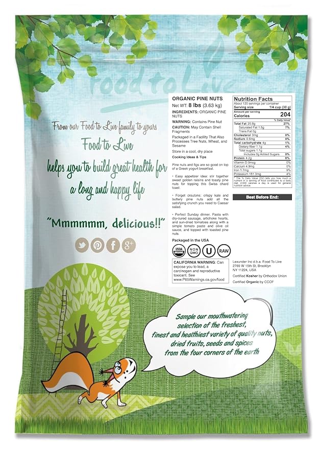 Food to Live Organic Pine Nuts 8 Pounds – Non-GMO Whole Raw Pignolias Unsalted No Shell Vegan Kosher Bulk Snack. Rich in Vitamin E Protein. Great for Pesto Salads Homemade Desserts