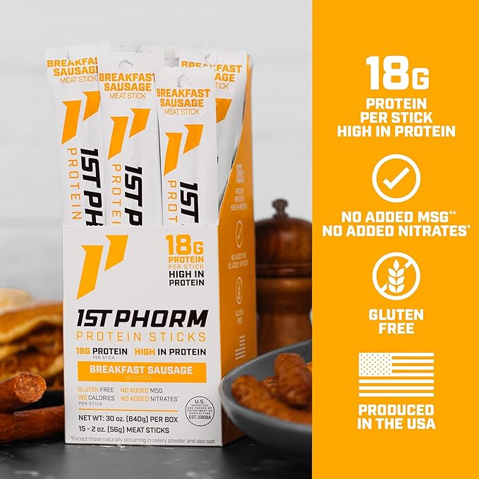 1st Phorm Meat Sticks Breakfast Sausage 18G Protein per Serving USA Raised Lean Beef and Pork High Protein Snacks Gluten Free No Msg or Nitrates Individually Wrapped 15 Count