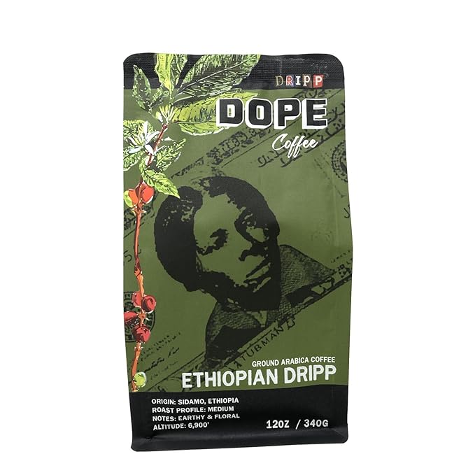 Dope Coffee Ethiopian Dripp Medium Roast Ground Coffee 12oz Sidamo Region 100% Arabica Coffee 12oz