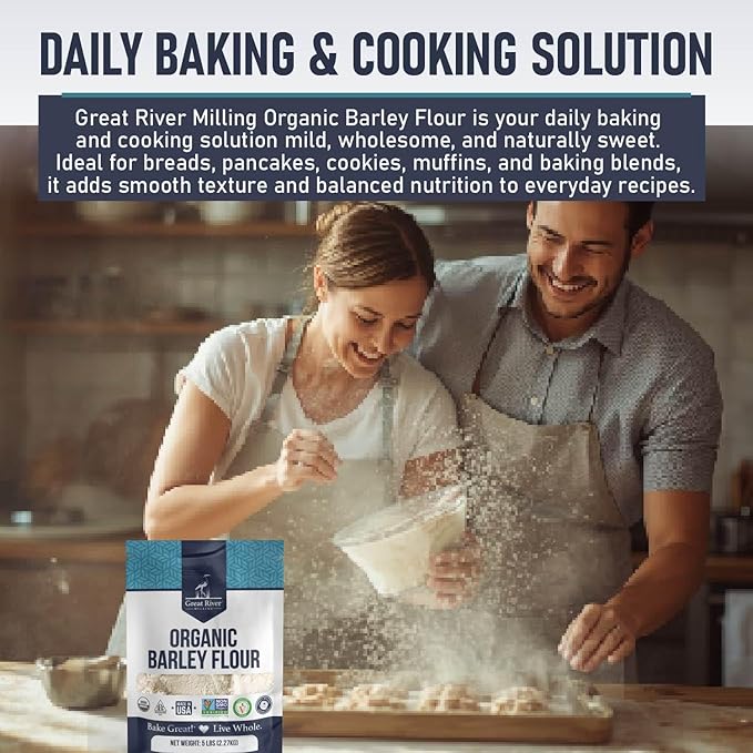 Great River Milling Organic Barley Flour | Unbleached Unbromated Non-GMO Kosher | High Fiber Nutty Flavor Perfect for Breads Pancakes &amp More | 5 Lb