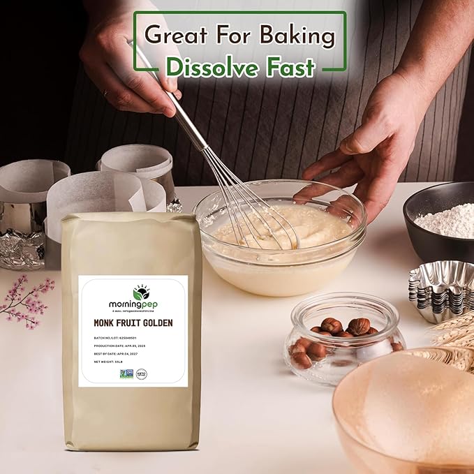 Morning Pep Monk Fruit Sweetener golden Sugar Substitute 55 lb Keto Friendly 1:1 Sugar Replacement Zero Calorie Non-GMO Kosher Golden - 55 lb BULK BAG (880 oz)