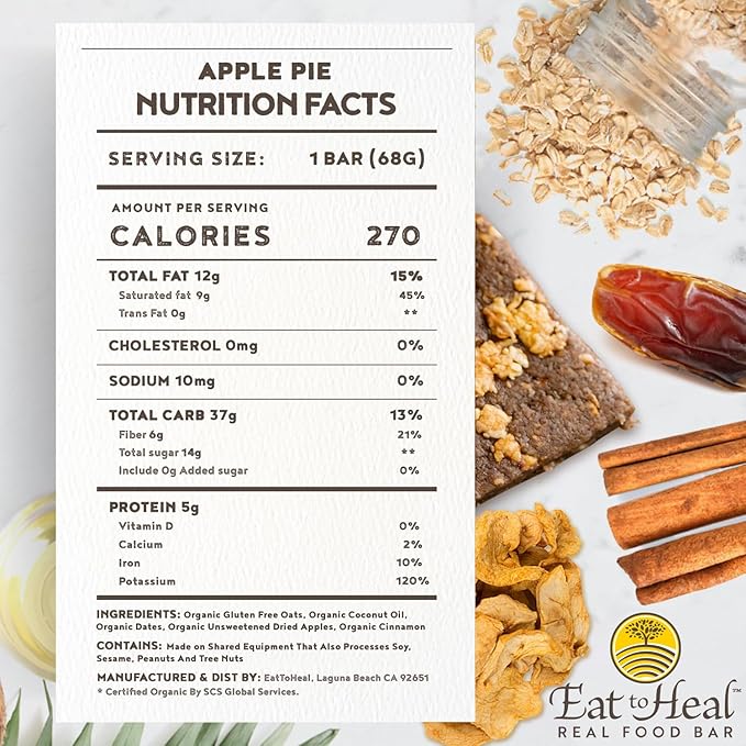 EatToHeal Apple Pie Real Food Bar - Organic Dates &amp Oats Gluten Free Vegan Healthy Protein Bars - Low Sugar Meal Replacement Bar Non GMO Never Baked Plant Based - Crafted to Enjoy