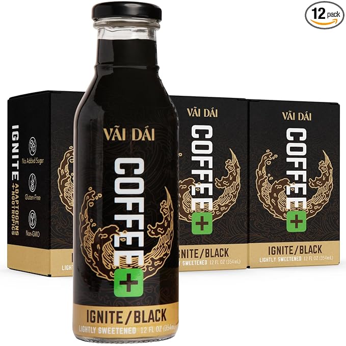 Vai Dai Coffee Black 12-pack 12 Fl Oz - Lightly Sweetened Ready-to-Drink Functional Adaptogens &amp Nootropics for Energy Focus &amp Mental Clarity with Lion’s Mane Ashwagandha Mushrooms &amp