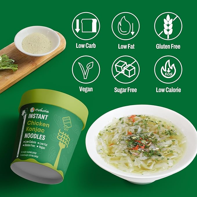 Hethstia Konjac Noodle Chicken Soup 6-Pack Instant Shirataki Noodle Soup Cups - Low-Calorie Sugar-Free Low-Carb Gluten-Free 34.32 oz Vegan Konjac Pho Pasta Chicken Broth Healthy Asian Noodles