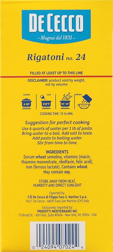 De Cecco Semolina Pasta Rigatoni No.24 1 Pound (Pack of 12)