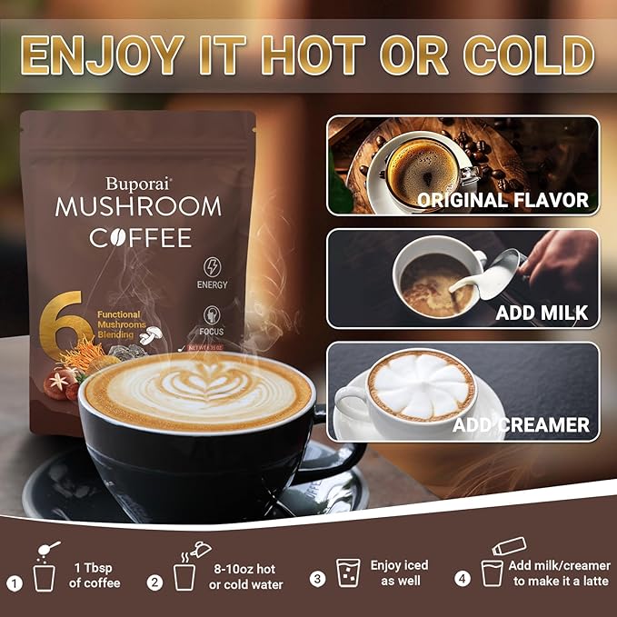 Mushroom Coffee Instant Mushroom Coffee with 6 Mushrooms Lion’s Mane Cordyceps Turkey Tail &amp Other for Energy Focus Digestion Immunity 30 Servings (2 Pack)