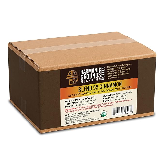 Harmonic Grounds Organic Mushroom Coffee Pods - Cinnamon Flavored Medium Roast with Lion's Mane Reishi Chaga Cordyceps &amp Turkey Tail - Compatible with Keurig K-Cup Brewers - 34 Count