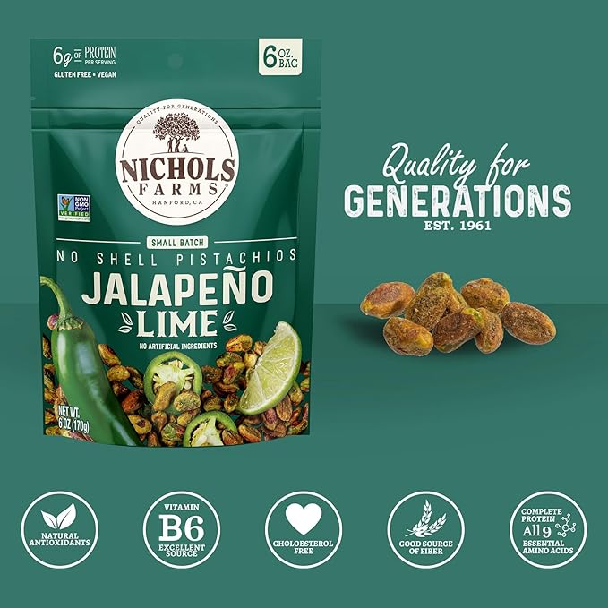 Nichols Farms Pistachios - Fresh Roasted No Shell Pistachio - Nutrient Rich Nuts Snack Packs - Non-GMO California Grown - Healthy Wonderful Tasting Party Snack - (Jalapeño Lime)