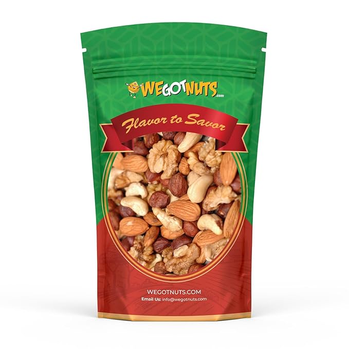Raw Deluxe Unsalted Mixed Nuts- Premium Quality Kosher Mixed Nuts Snack by We Got Nuts- Natural Rich Flavor Cashews Walnuts Almonds Pecans Macadamia Nuts &amp More- Packed in A Resealable Bag- 3