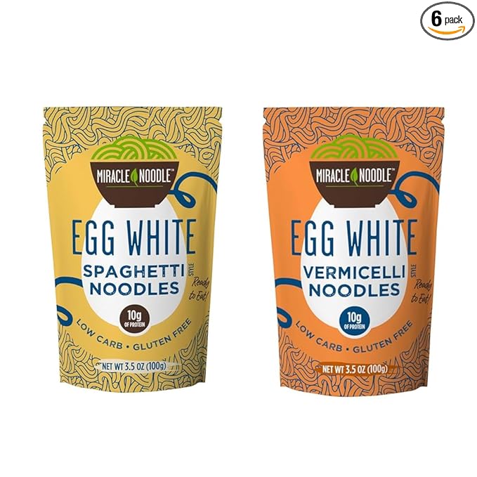 Miracle Noodle Egg White Pasta Variety Pack 3.5 Oz (Pack of 6) Spaghetti Vermicelli Angel Hair Ready to Eat Egg White Noodles 10g Protein 45 Calories 1g Net Carbs Per Serving High Protein Ket