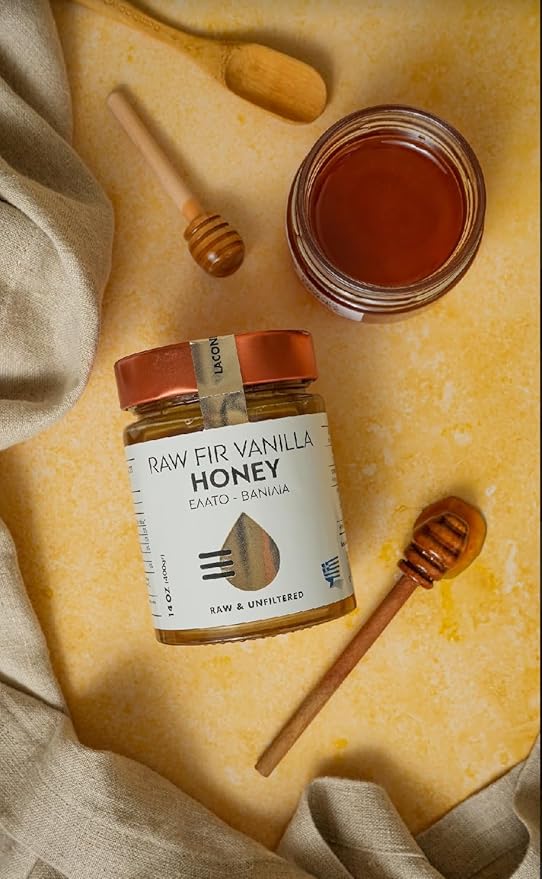 Laconic Foods | Vanilla Fir Honey | PDO Greek Honey | Rare Raw Honeydew from the Mountains of Greece | Non-Crystallizing | Woman-Owned | 315g
