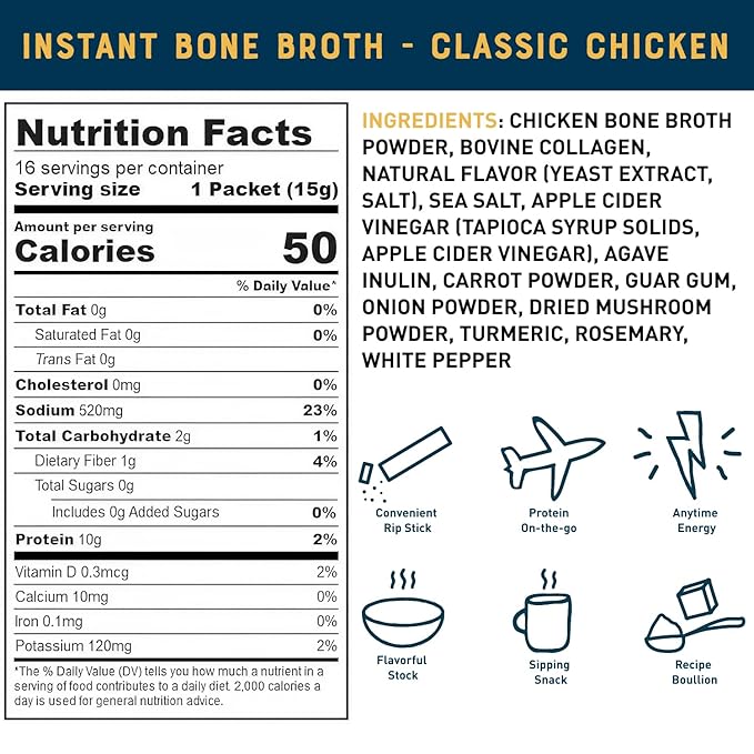 Bare Bones Classic Chicken Bone Broth Instant Powdered Mix Packets | 5g Collagen | 10g Protein | Keto &amp Paleo Friendly | No Artificial Flavors | Non-GMO Gluten-Free Dairy-Free on-the-go 16 Pack