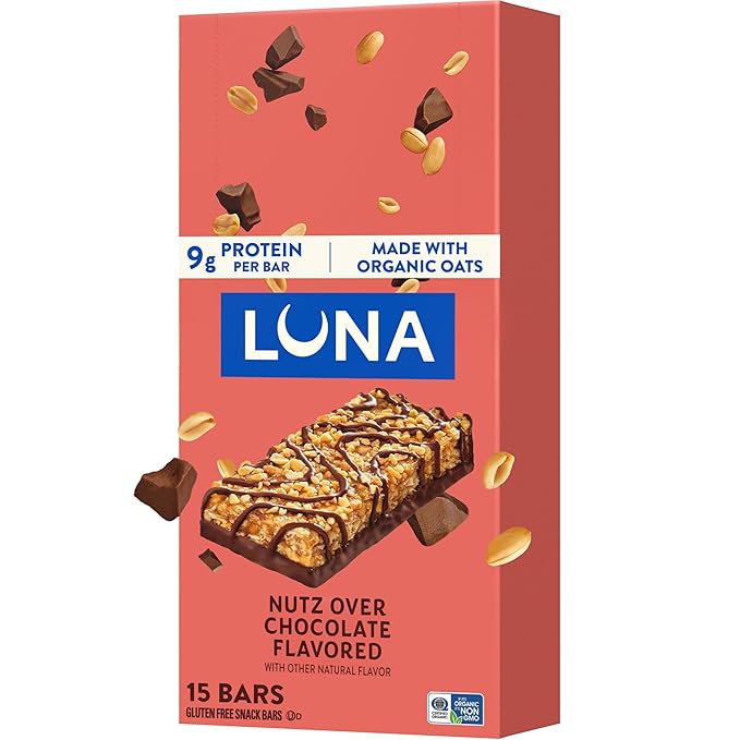 LUNA Bar - Nutz Over Chocolate Flavor - Gluten-Free - Non-GMO - 7-9g Protein - Made with Organic Oats - Low Glycemic - Whole Nutrition Snack Bars - 1.69 oz. (15 Count)