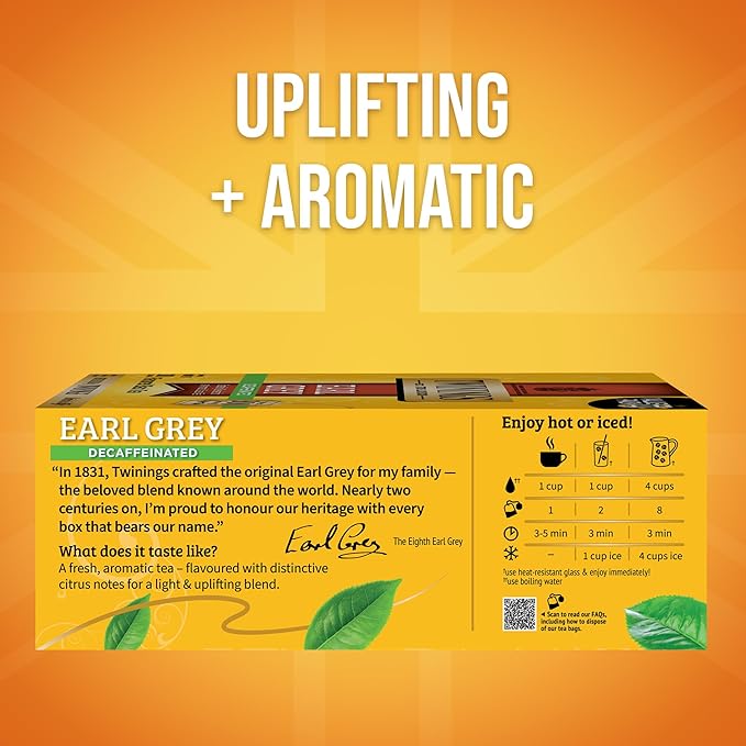 Twinings Decaffeinated Earl Grey Black Tea Individually Wrapped Bags 100 Count (Pack of 1) Flavoured with Citrus and Bergamot Enjoy Hot or Iced 100 Teabags