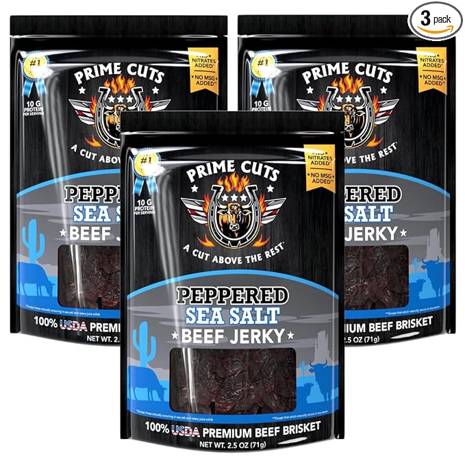 Prime Cuts Peppered Sea Salt Beef Jerky | USDA Prime Brisket | Classic Black Pepper and Sea Salt Flavor | High-Protein Low-Fat Snack | No Artificial Ingredients | Perfect Anytime