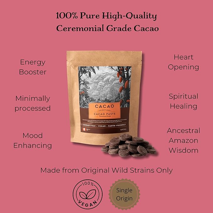 Cacao Adventures Ceremonial Grade Cacao | 100% Pure | Dairy Free &amp Vegan | Unsweetened | Ethically sourced and sustainably grown |Vegan Peruvian| 8 oz