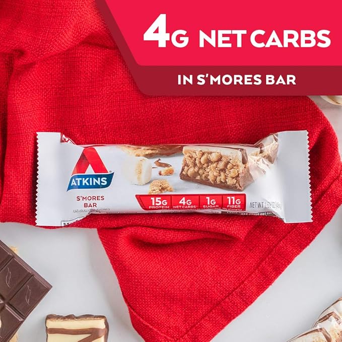 Atkins S’mores Protein Meal Bar High Fiber 1g Sugar 4g Net Carbs Meal Replacement Keto Friendly 5 Count