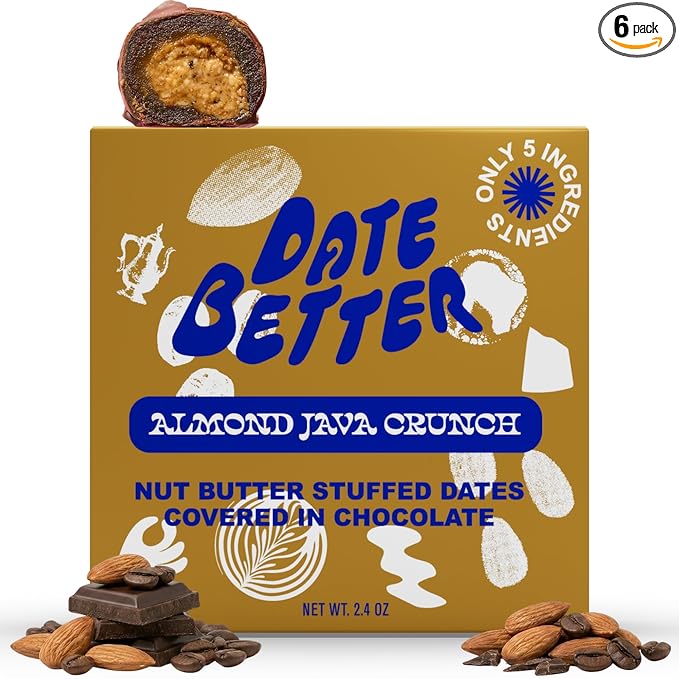 Date Better Almond Java Crunch Stuffed Medjool Dates - Dark Chocolate-Covered Dates Filled With Almond Butter &amp Espresso Beans | No Artificial Sweeteners Gluten-Free &amp Vegan (6-Pack)