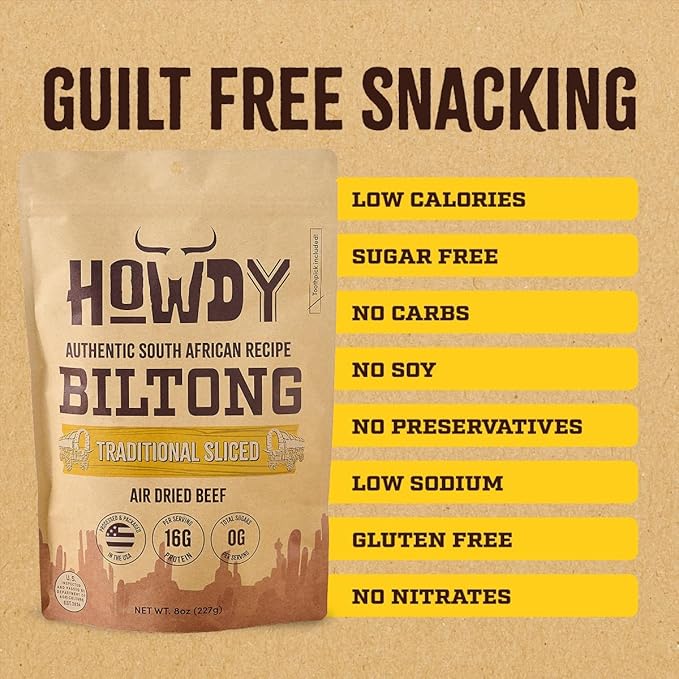 Howdysnax Handcrafted Authentic Small Batch Beef Biltong Traditional Slices 8oz. Sugar Free Paleo Keto Friendly High Protein Jerky Snack (2 8oz Packs)
