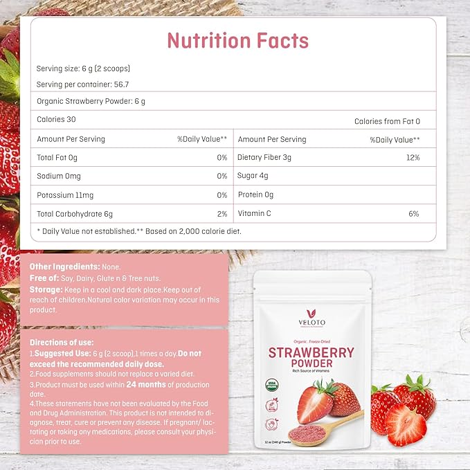 VELOTO Strawberry Powder Strawberry Fruit Freeze Dried Powder Vitamin C Supplement Natural Antioxidants Superfoods for Smoothie &amp Beverage Blend Vegan Non-GMO Gluten-Free 12 oz