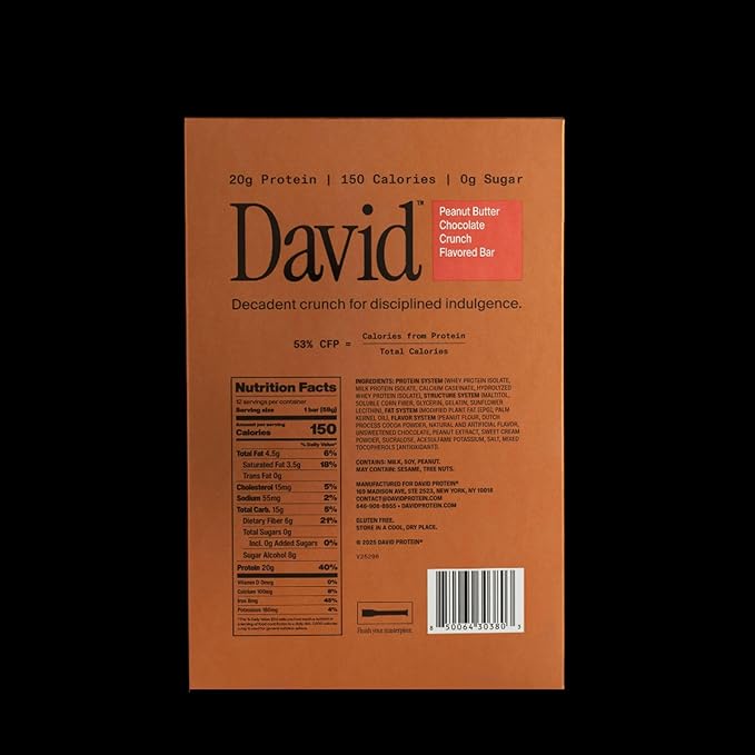 David Bronze High Protein Bars - Peanut Butter Chocolate Crunch Flavor - 0g of Sugar Low Carb Gluten Free - 20g of Protein 150 Calories - On-The-Go Snack Pack of 12