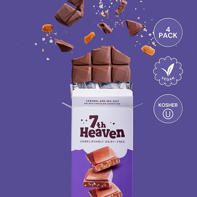7th Heaven Vegan Oat Milk Chocolate Bars: Caramel and Sea Salt - (3.5 oz - 4 Pack) Healthy Chocolate Perfect Valentines Gift For Your Loved Ones 100% Dairy Free Non GMO Kosher Parve Cruelty Fre