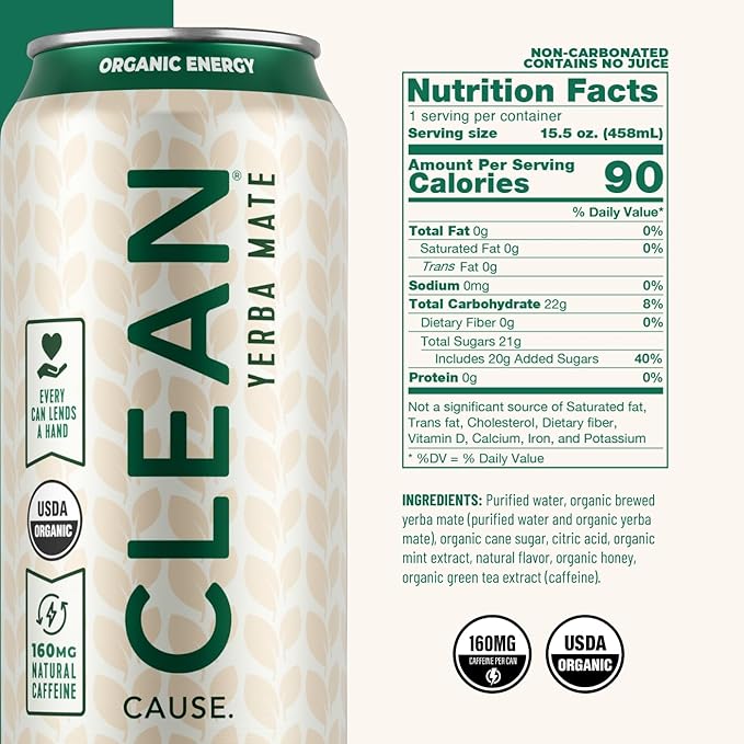 CLEAN Cause Mint and Honey Yerba Mate Tea Non-Carbonated USDA Organic Energy Drink Alternative Low Sugar 160mg Natural Caffeine Soda Alternative Plant-Based (15.5oz cans 12-Pack Case)