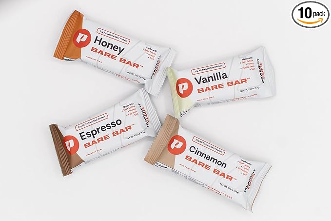 PowerFit Foods Bare Bar 10-Pack 20g Grass-Fed Beef Protein Bar Grass-Fed Tallow Honey Clean Ingredients Seed Oil Free (10-Pack Variety)