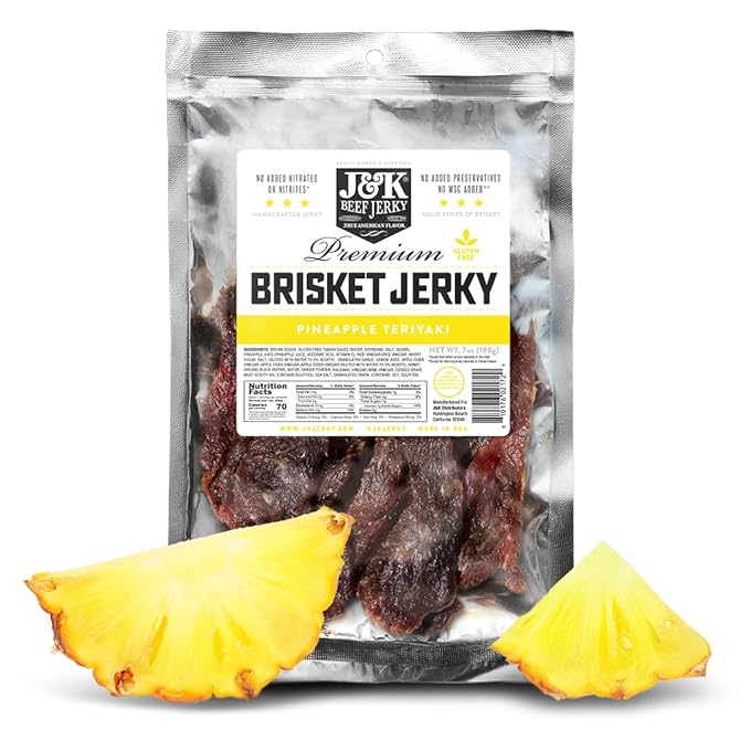 J&ampK Jerky Beef Brisket Jerky - Pineapple Teriyaki - Hand Crafted Small Batch American Made Slab Jerky's - Bold &amp Flavorful Snack! - 7oz Big Bag of Jerky's