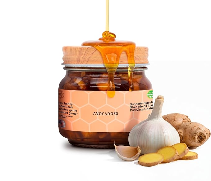 AVOCADOES Organic Raw Honey with Fermented Garlic &amp Ginger – Handcrafted Unfiltered Honey Blend – Natural Support for Immunity &amp Digestion – Small Batch – 8 oz Glass Jar