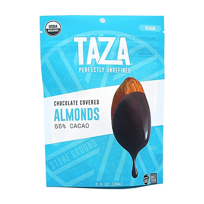 Taza Chocolate Organic Chocolate Covered Almonds 55% Dark Chocolate Vegan 3.5 Ounce (12 Count)