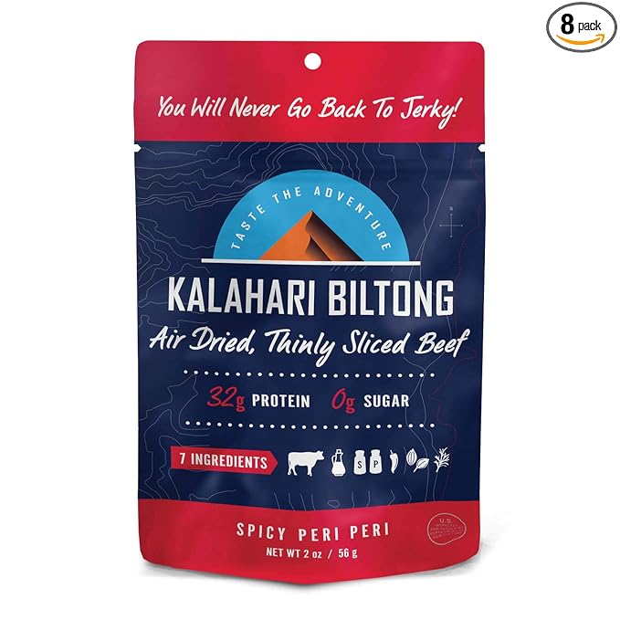 Spicy Peri Peri Kalahari Biltong Air-Dried Thinly Sliced Beef 2oz (Pack of 8) Sugar Free Gluten Free Keto &amp Paleo High Protein Snack