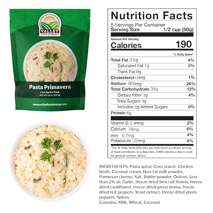 Valley Food Storage Pasta Primavera | 10-Bag Bucket 50 Servings | Non-GMO Premium Emergency Food Supply 25 Year Shelf Life | Survival Meal Kits Prepper Food &amp Off-Grid Living Supplies Packaged