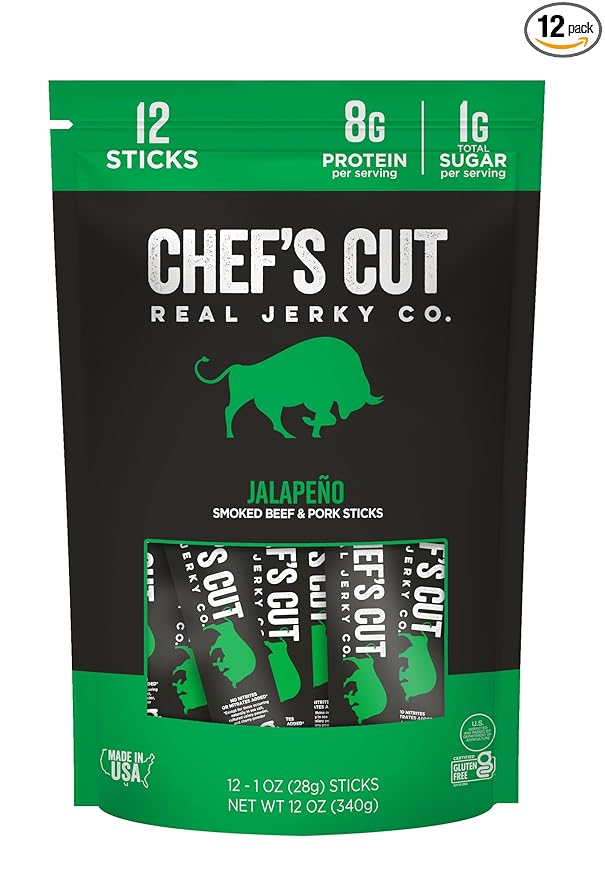 Chef’s Cut Real Snack Sticks | High Protein Meat Snack Sticks with 8g Protein Gluten Free Keto-Friendly| Premium Smoked Beef &amp Pork Blend | Jalapeño Heat | 1 oz Stick (12-Count Bag)