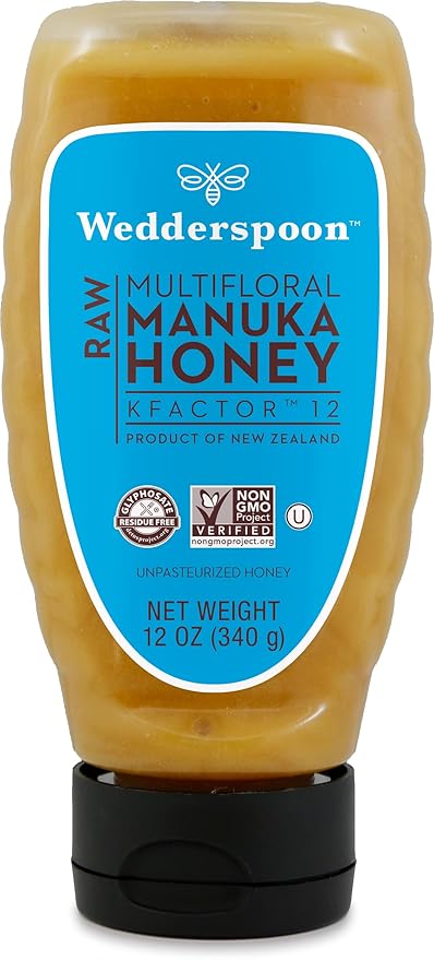Wedderspoon Raw Premium Manuka Honey KFactor 12 12 Oz Unpasteurized Genuine New Zealand Honey Non-GMO Superfood Traceable from Our Hives to Your Home Convenient Squeeze Bottle