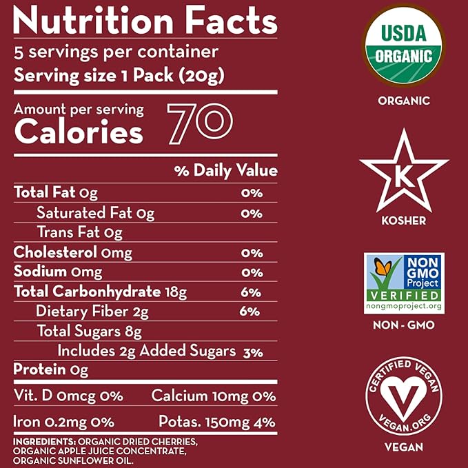Sunny Fruit Soft Organic Dried Tart Cherries - 6 Bags (30 Individual Portion Packs) | No Preservatives | Healthy Convenient Snack Packs | ORGANIC NON-GMO VEGAN HALAL KOSHER