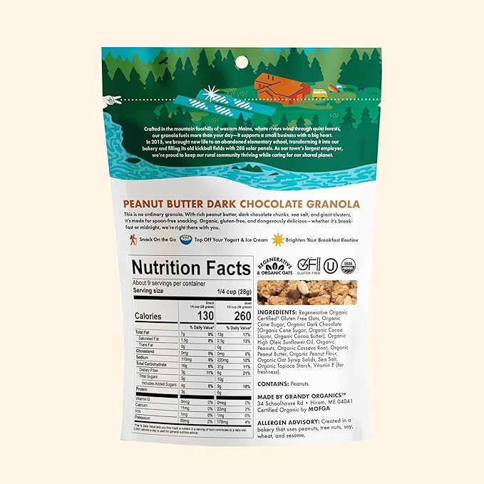 Grandy Organics Peanut Butter &amp Dark Chocolate Granola - 6g Protein Snackable Granola Clusters - Whole Grain Gluten Free Non-GMO Certified Organic Healthy Snacks - Pack of 3