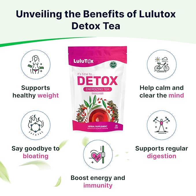 LULUTOX Detox Tea - Herbal Blend with Dandelion Ginseng and Ginger - Supports A Healthy Weight Digestive Health - Vegan All Natural Laxative-Free - Peach Flavor (3 Pack x 28 Servings)