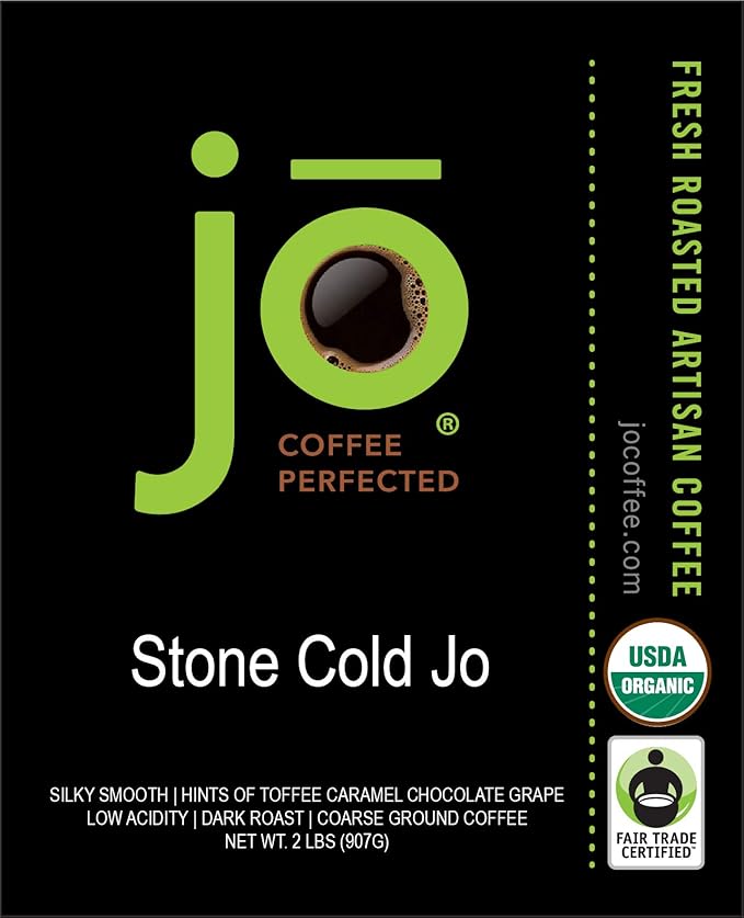 STONE COLD JO: 2 lb Cold Brew Coffee Blend Dark Roast Coarse Ground Organic Coffee Silky Smooth Low Acidity USDA Certified Organic Fair Trade Certified Great French Press Hot Brew by Jo Coffee®