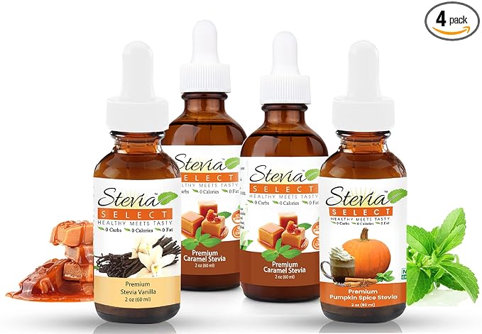 Stevia Drops Pumpkin Spice Vanilla &amp 2 Caramel Stevia Select Keto Coffee Sugar-Free Stevia Flavors Bundle (4) Pack