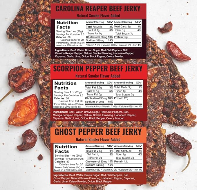 Slate Belt Smokehouse Scorpion Pepper Ghost Pepper and Carolina Reaper Jerky Extremely Hot Beef Jerky Variety Pack 2.5 Ounce
