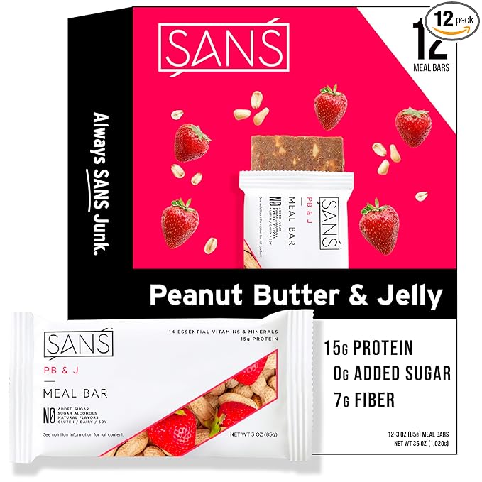 SANS PB and J Meal Replacement Protein Bar | All-Natural Nutrition Bar With No Added Sugar | Dairy-Free Soy-Free and Gluten-Free | 14 Essential Vitamins and Minerals | (12 Pack)