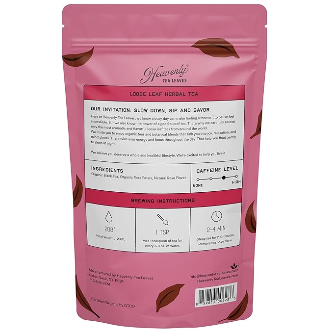 Heavenly Tea Leaves Organic Rose Black Bulk Loose Leaf Black Tea 1 Lb. (Approx. 200 Cups) - Strong Full Bodied Floral Great For Hot Or Iced Tea Antioxidant Black Tea With Rose Petals
