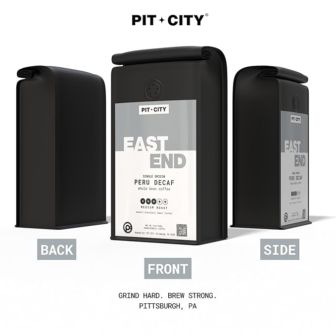 Pit City East End Single Origin Peru Decaf Medium Roast Swiss Water Process Whole Bean Coffee 12oz Bag - Smooth Chocolate Lemon and Herbal Notes - Premium Small Batch Roasted - Pittsburgh