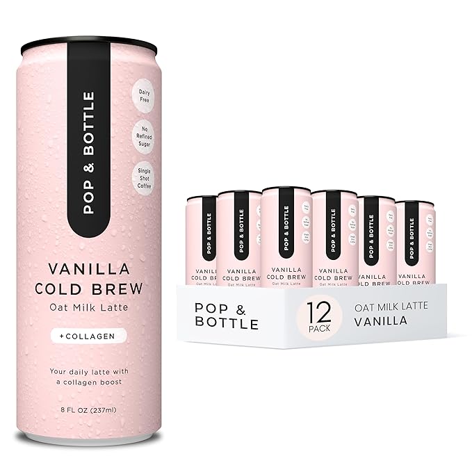 Pop &amp Bottle Oat Milk Lattes - Cold Brew With Sustainably Sourced Marine Collagen Mct Oil Oat Milk Organic Dairy Free Gluten Free Great As Iced Coffee Lightly Sweetened With Dates - Vanill